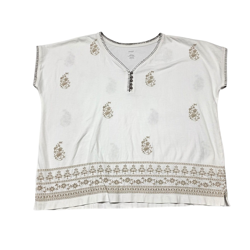 Pure J Jill Embroidered Buttoned V-Neck Tee Top White Floral Cotton Brown L